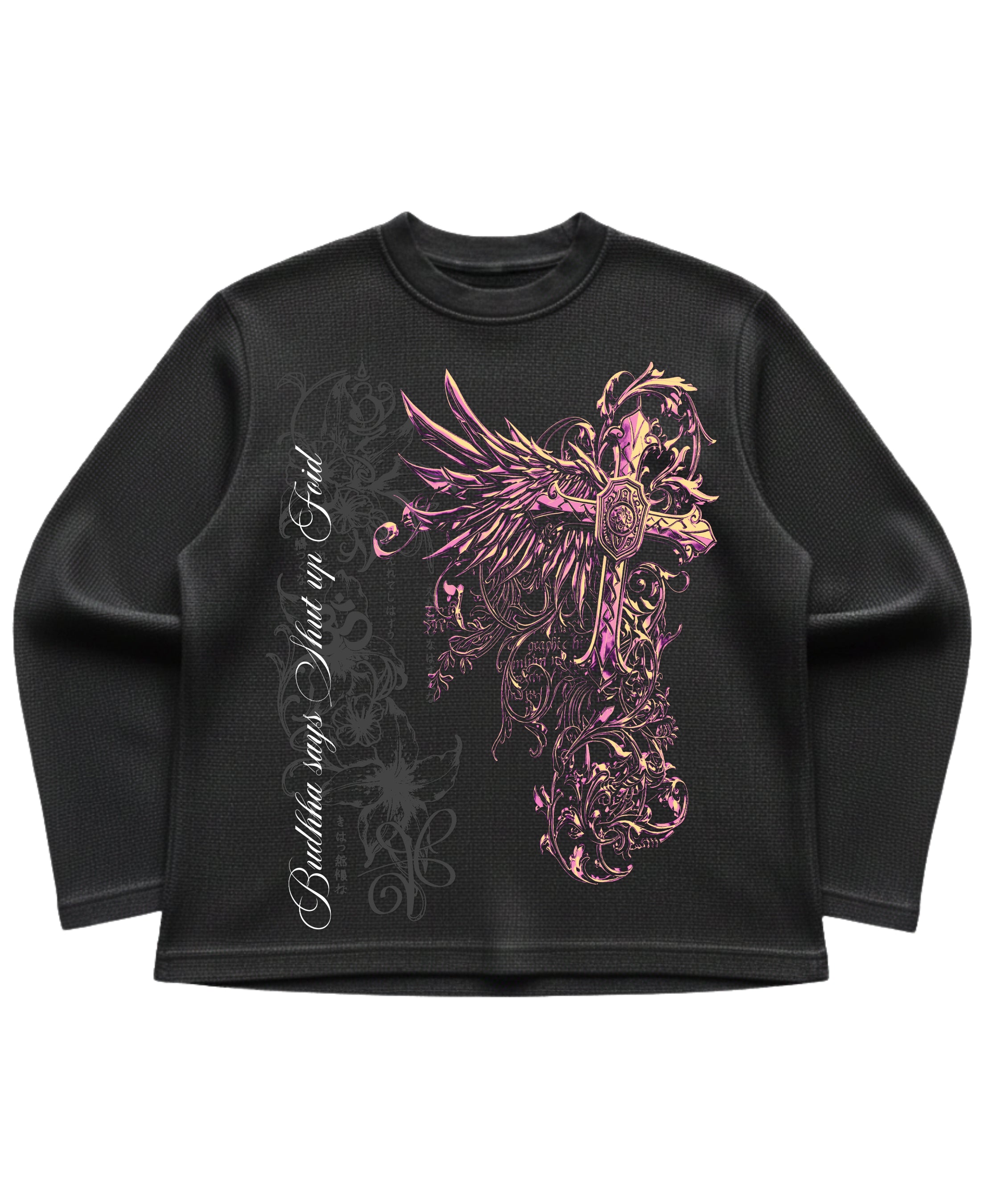 Black waffle knit oversized full-sleeve Front Design